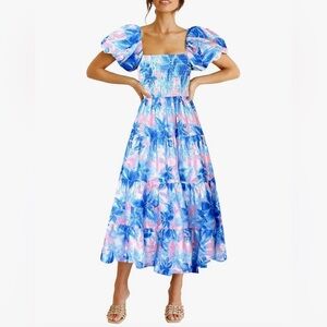 Floral Midi Maxi Dress with Puff Sleeves Smocked Tiered Ruffle Small